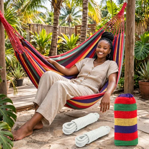  Hamac de jardin multicolore suspendu en toile de coton avec ses cordes de fixation et son sac de rangement