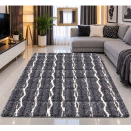 Tapis de Salon Shaggy Épais à Motifs Géométriques - Gris Souris et Blanc (1,80 m / 1,50 m)