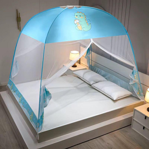 Moustiquaire de lit pop-up en forme de tente dôme jaune avec motif dinosaure et deux enfants endormis à l'intérieur