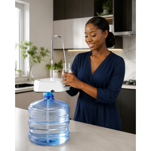 Pompe à eau électrique pour bonbonne Pompe à eau électrique automatique blanche avec robinet en inox et verre d'eau posé dessus