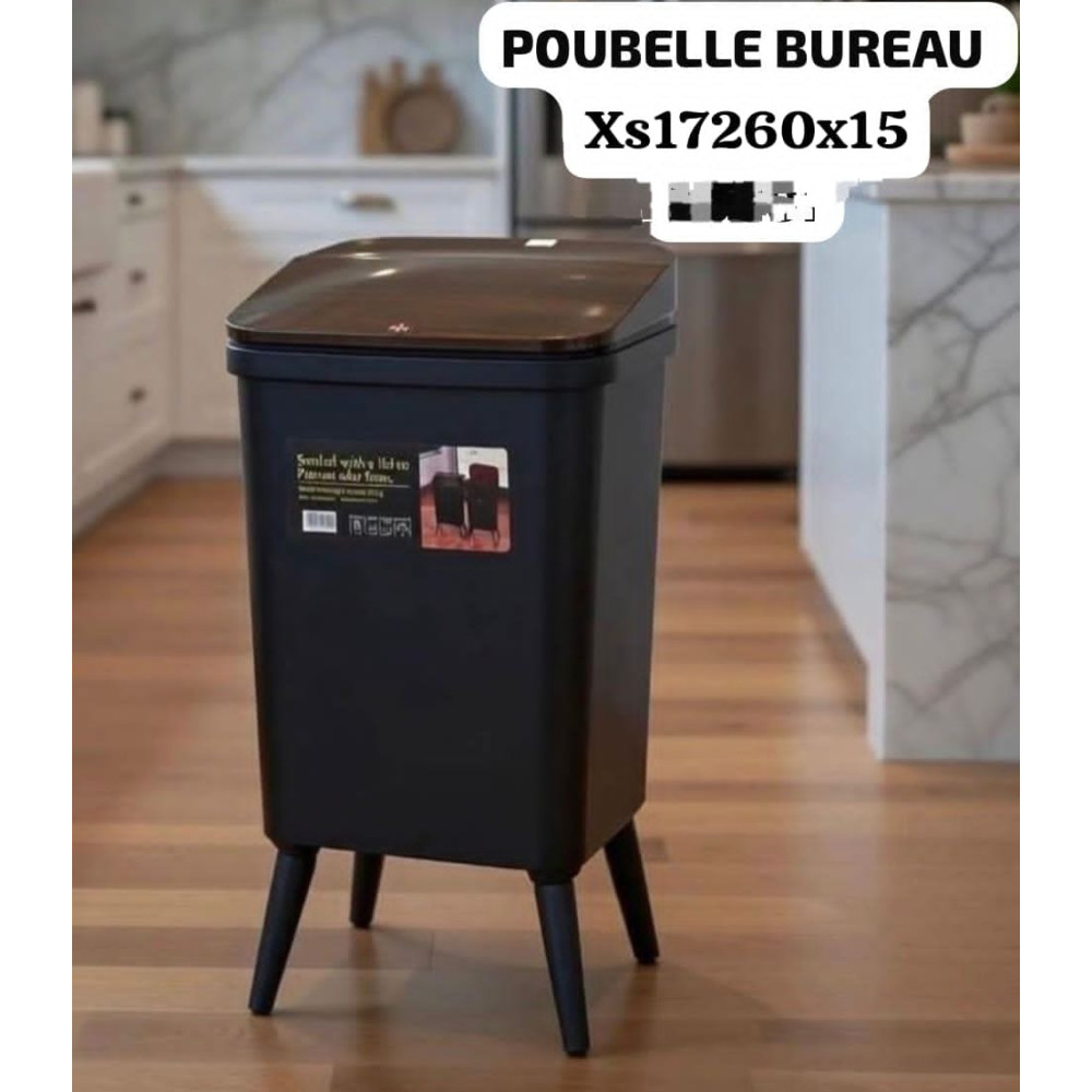 Poubelle de bureau scandinave noire avec couvercle effet bois XS17264 X15 - 29x24x46cm