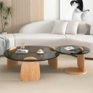  Tables Basses Gigognes Rondes en Verre Fumé et Bois – Ensemble de 2 Pièces