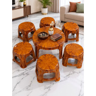 Table Basse Ronde et 6 Tabourets Assortis en Plastique Motif Effet Bois - Ensemble 7 Pièces