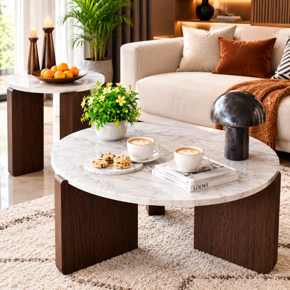 Tables Basses Gigognes Rondes Effet Marbre Blanc et Pieds en Bois – Ensemble de 2 Pièces