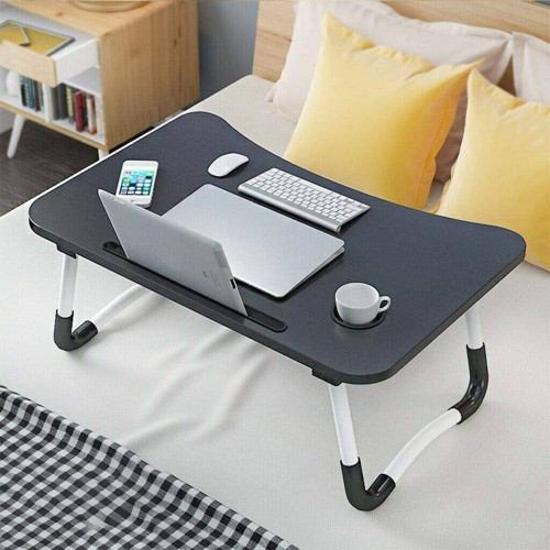Table de lit pliable pour ordinateur en bois avec ses dimensions precises en centimetres de face et de profil