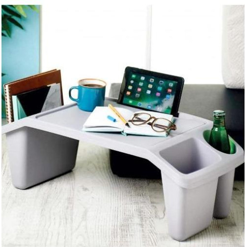 Table de lit portative  pour ordinateur avec dimensions détaillées et compartiments de rangement
