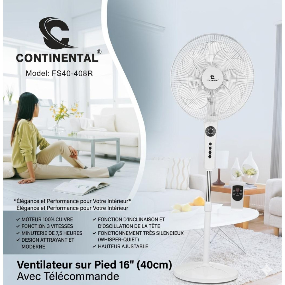 Ventilateur sur Pied Continental FS40-408R 16 Pouces avec Télécommande Blanc