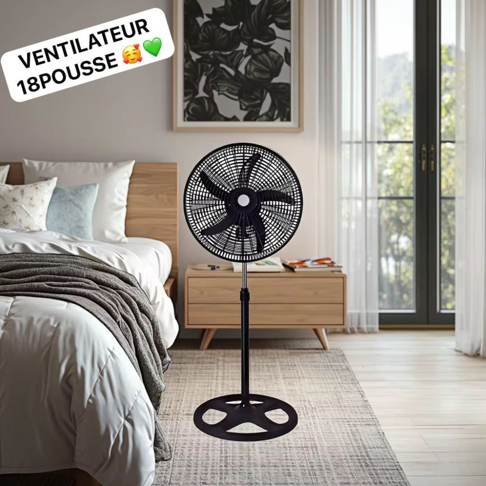 Grand ventilateur sur pied électrique noir de 18 pouces doté de 5 pales avec ses indications de dimensions de 49 cm de largeur et 128.5 cm de hauteur