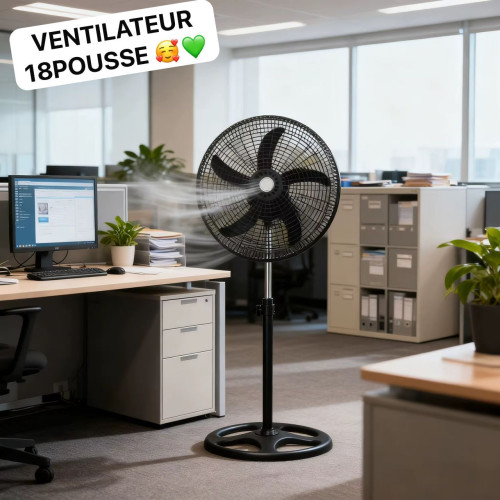 Grand ventilateur sur pied électrique noir de 18 pouces doté de 5 pales avec ses indications de dimensions de 49 cm de largeur et 128.5 cm de hauteur