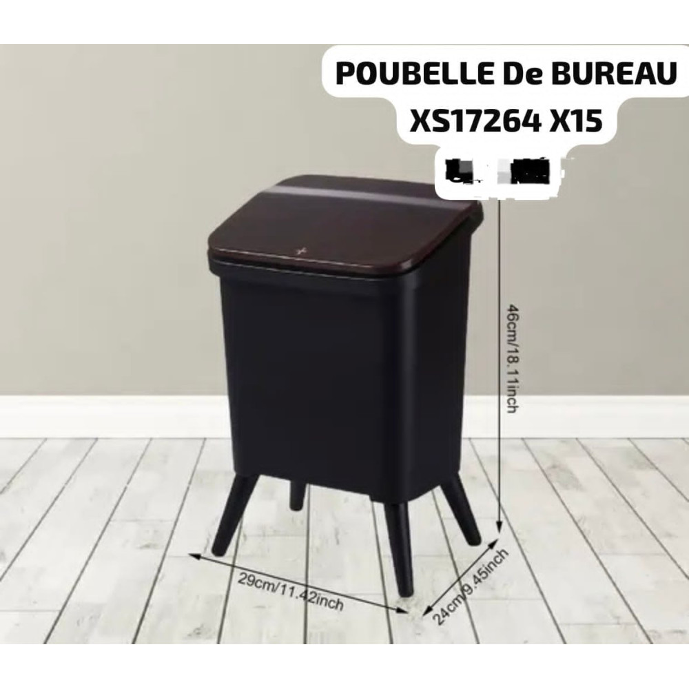 Poubelle de bureau scandinave noire avec couvercle effet bois XS17264 X15 - 29x24x46cm