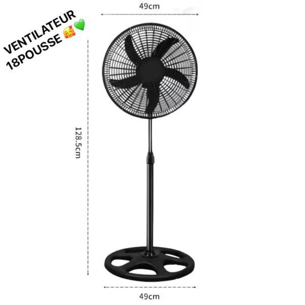 Grand ventilateur sur pied électrique noir de 18 pouces doté de 5 pales avec ses indications de dimensions de 49 cm de largeur et 128.5 cm de hauteur