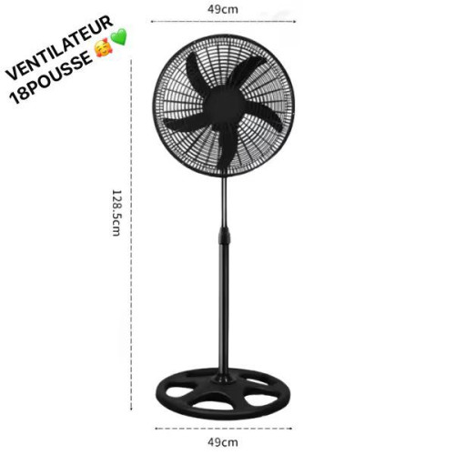 Grand ventilateur sur pied électrique noir de 18 pouces doté de 5 pales avec ses indications de dimensions de 49 cm de largeur et 128.5 cm de hauteur