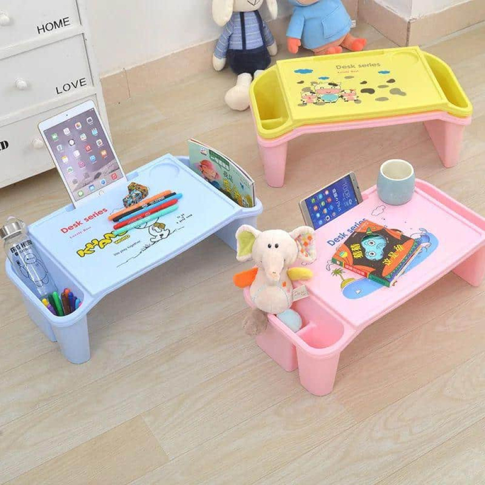 Table de lit portative  pour ordinateur avec dimensions détaillées et compartiments de rangement
