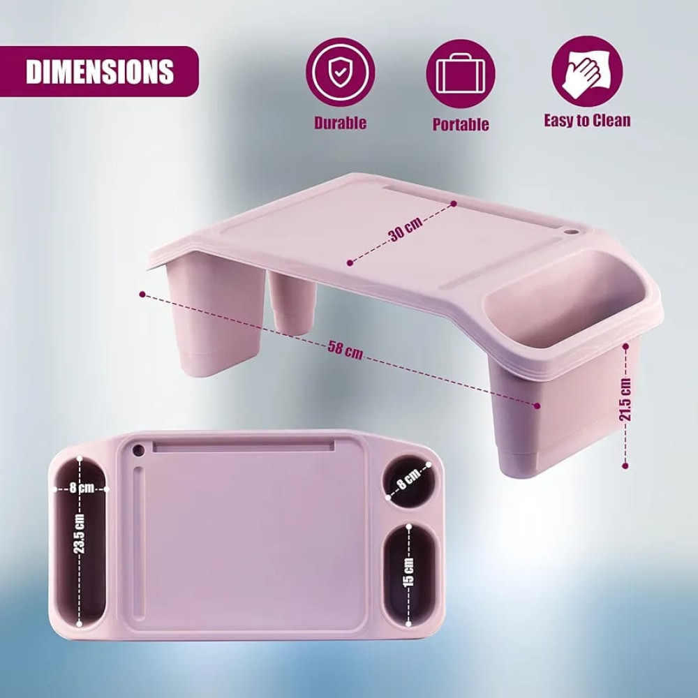 Table de lit portative  pour ordinateur avec dimensions détaillées et compartiments de rangement