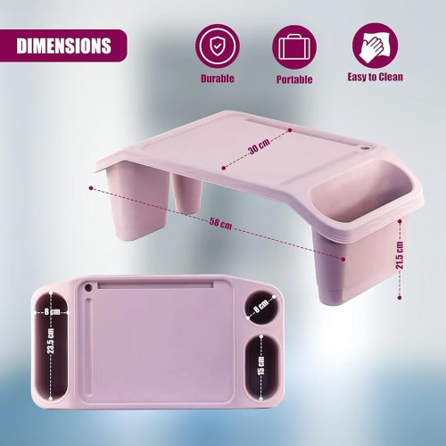 Table de lit portative  pour ordinateur avec dimensions détaillées et compartiments de rangement