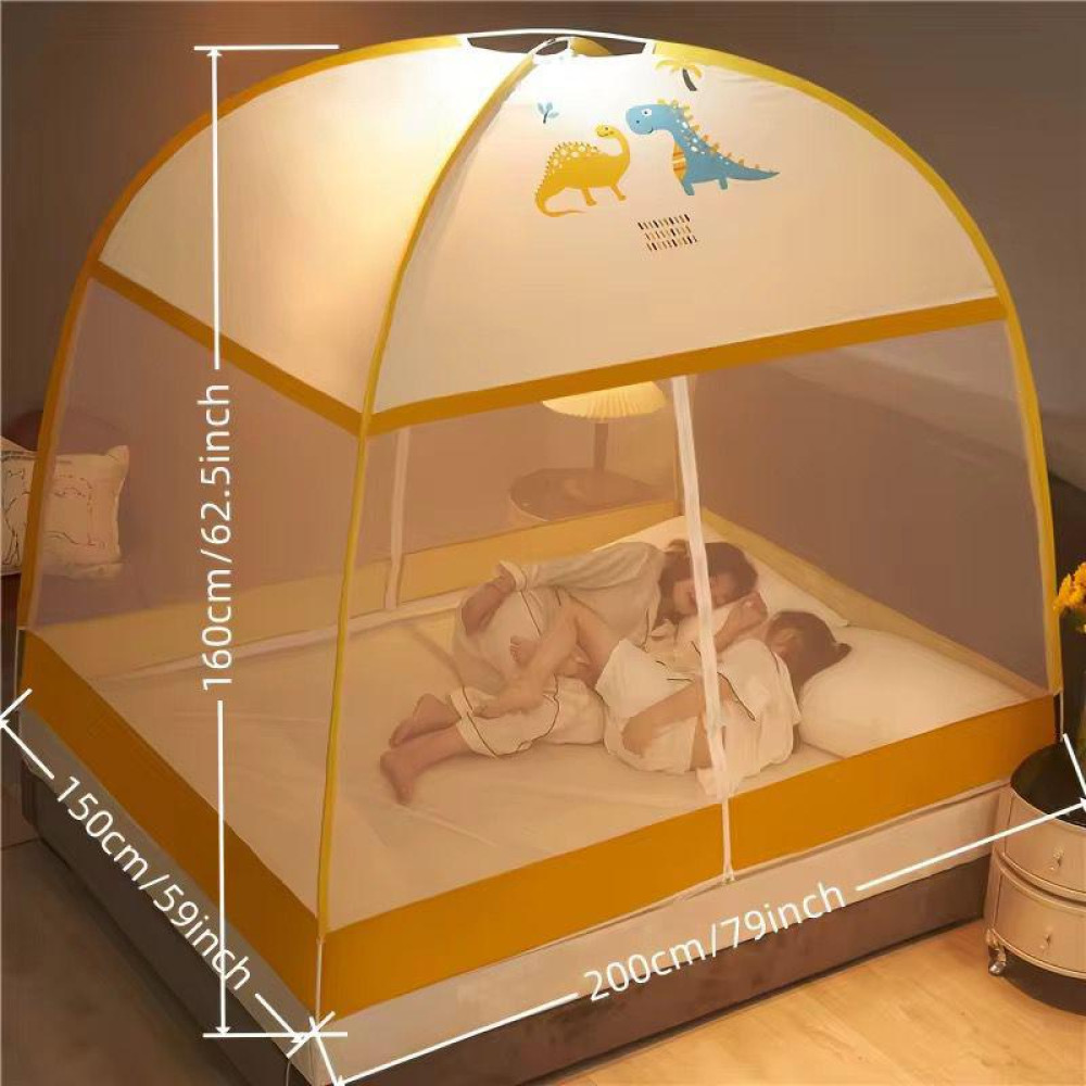 Moustiquaire de lit pop-up en forme de tente dôme jaune avec motif dinosaure et deux enfants endormis à l'intérieur
