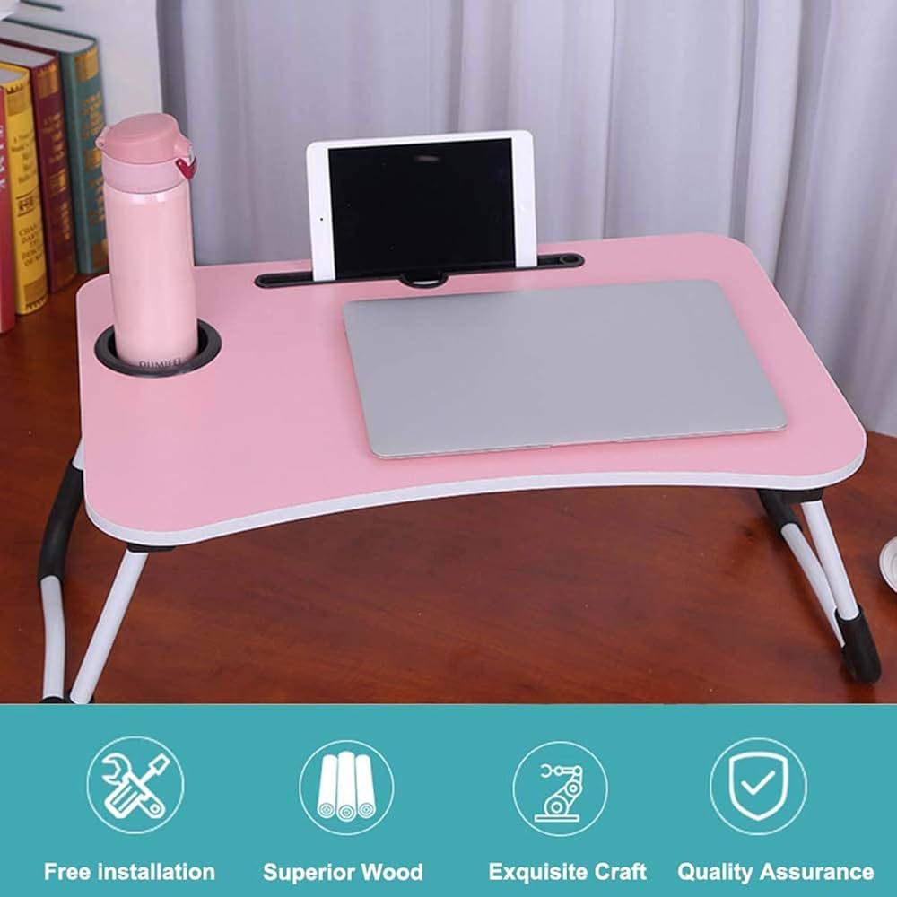 Table de lit pliable pour ordinateur en bois avec ses dimensions precises en centimetres de face et de profil