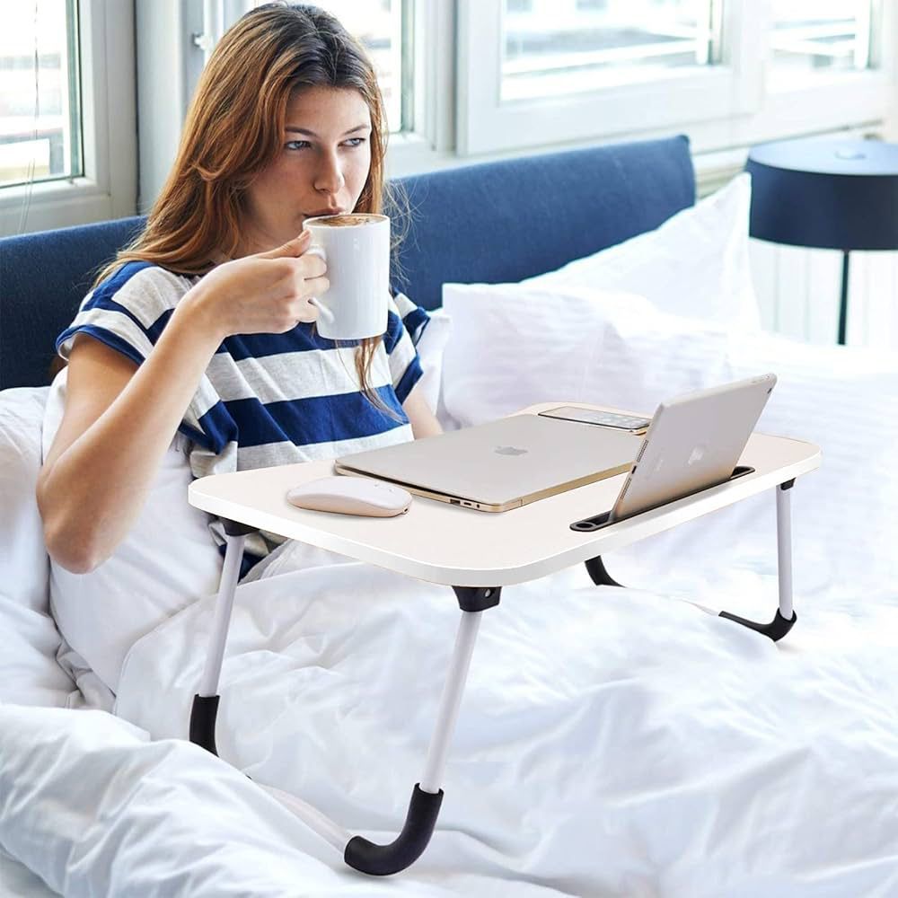 Table de lit pliable pour ordinateur en bois avec ses dimensions precises en centimetres de face et de profil