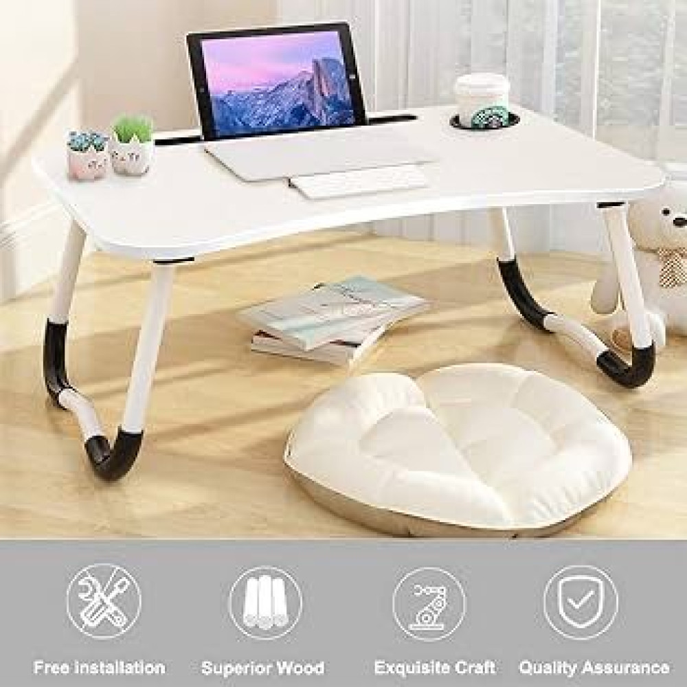 Table de lit pliable pour ordinateur en bois avec ses dimensions precises en centimetres de face et de profil