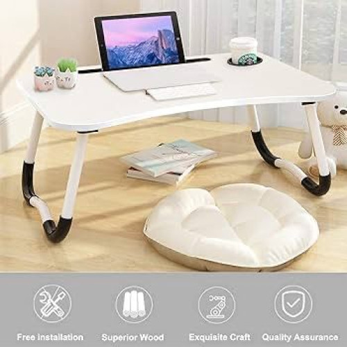 Table de lit pliable pour ordinateur en bois avec ses dimensions precises en centimetres de face et de profil