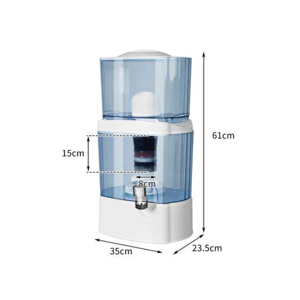fontaine de filtration d eau par gravite blanche et bleue avec reservoirs transparents et robinet