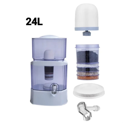 fontaine de filtration d eau par gravite blanche et bleue avec reservoirs transparents et robinet