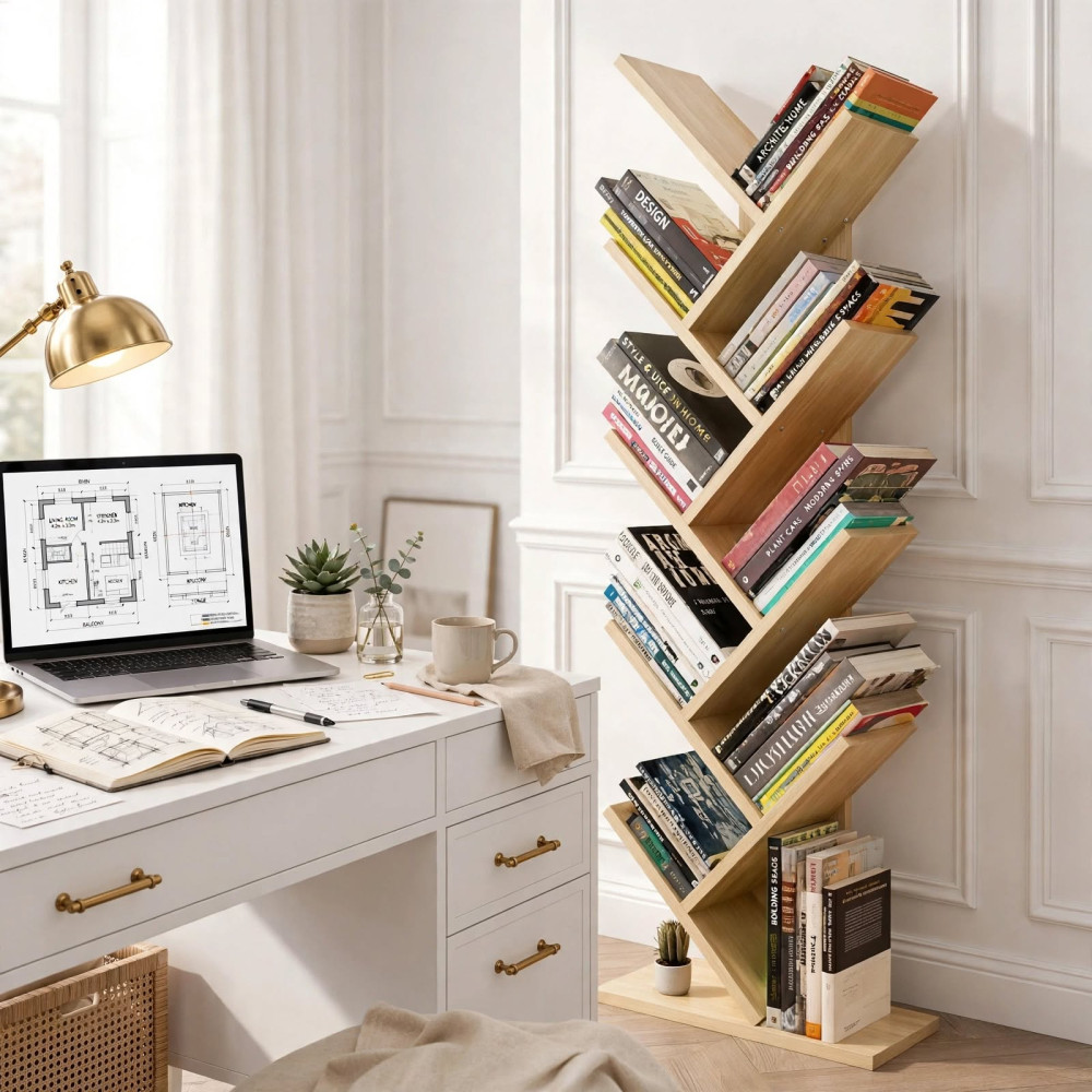 Bibliothèque en bois clair en forme d'arbre remplie de livres à côté d'un bureau blanc avec ordinateur portable