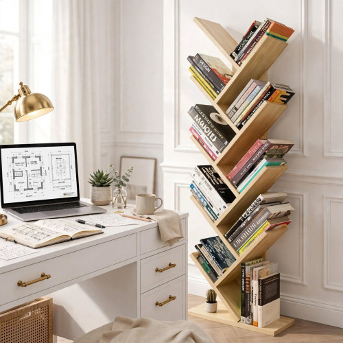 Bibliothèque en bois clair en forme d'arbre remplie de livres à côté d'un bureau blanc avec ordinateur portable