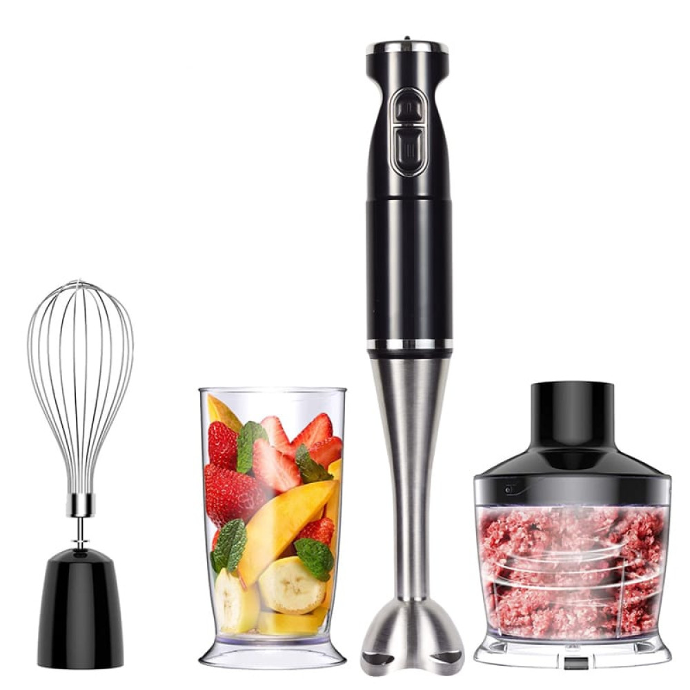Mixeur plongeant multifonction noir et inox avec ses accessoires de cuisine