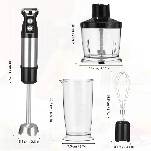 Mixeur plongeant multifonction noir et inox avec ses accessoires de cuisine