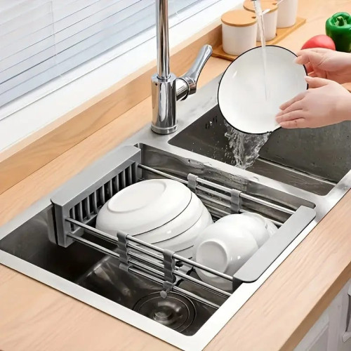 panier-egouttoir-evier-retractable-inox-dimensions-mbectemi-market Panier égouttoir d évier rétractable en acier inoxydable gris montrant les dimensions extensibles