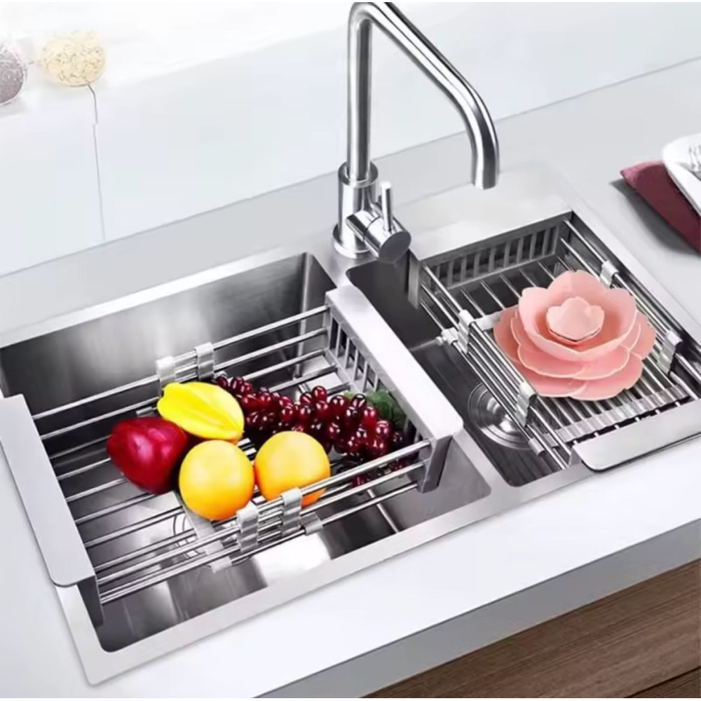 panier-egouttoir-evier-retractable-inox-dimensions-mbectemi-market Panier égouttoir d évier rétractable en acier inoxydable gris montrant les dimensions extensibles