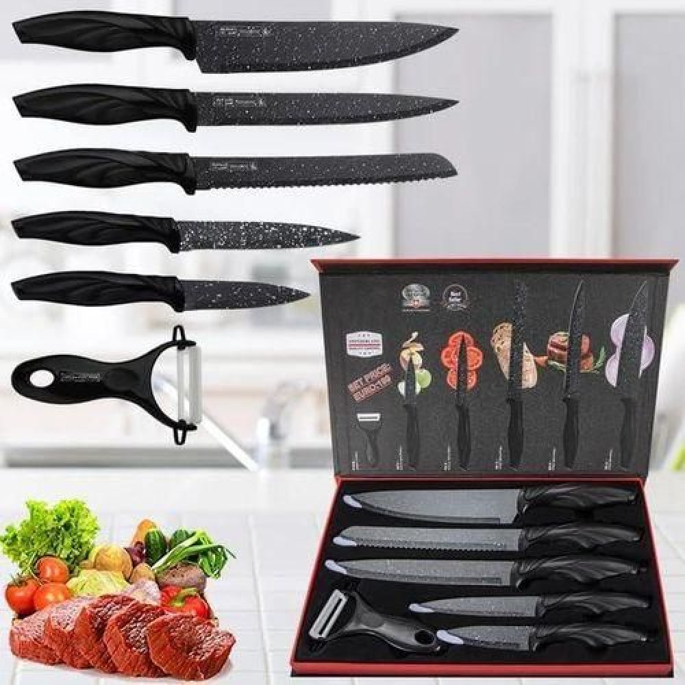 Bloc Coffret de Couteaux de Cuisine Professionnels Noirs 6 Pièces avec Lame Maximale de 33 cm