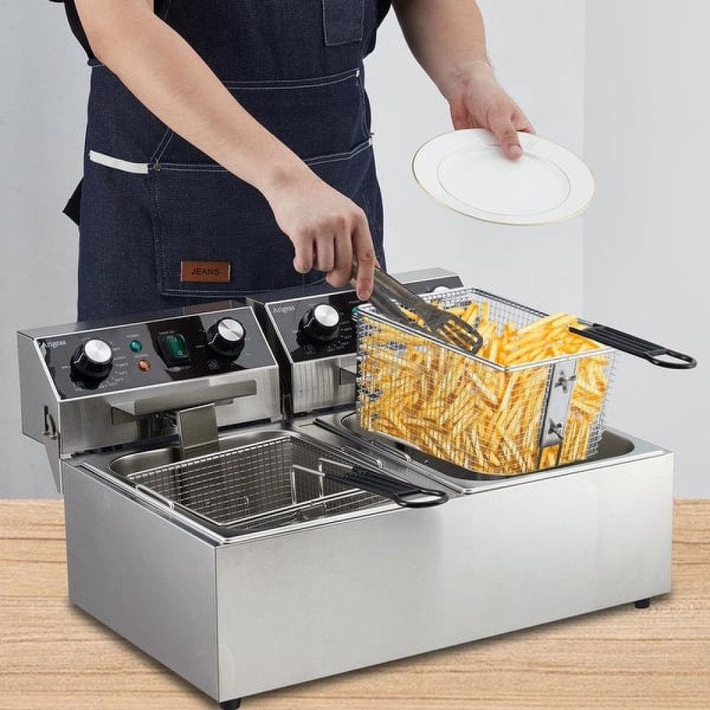 Friteuse Électrique Professionnelle Double Bac 2x6 Litres – Friteuse Professionnelle en Inox 55x44x30 cm