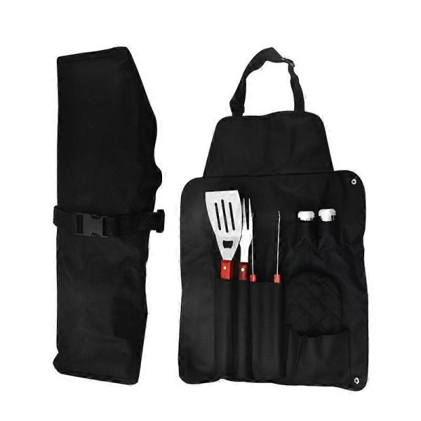 Kit Ustensiles de Barbecue avec Tablier Sac de Rangement Noir 7 Pièces 60x45 cm