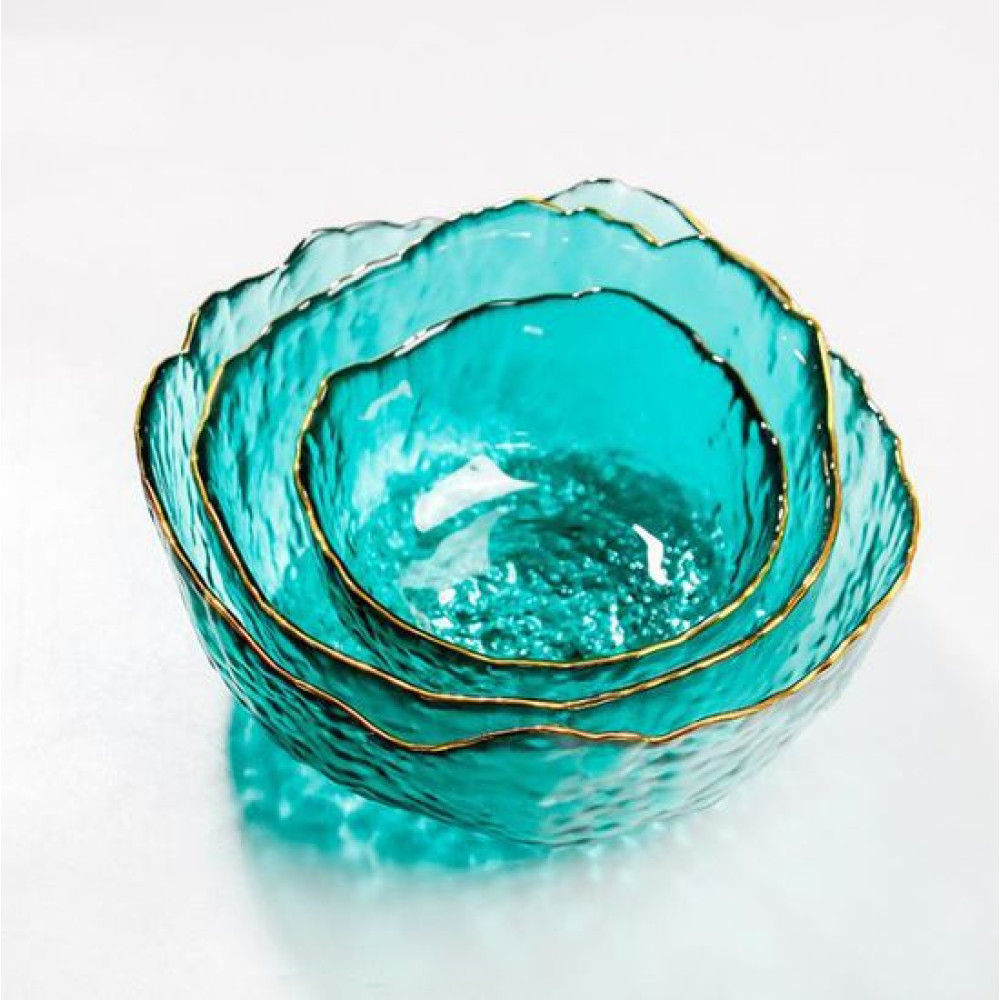 Lot de 3 saladiers en verre cristal bleu turquoise et liseré doré 20 cm et 16 cm et 12 cm - Bols de service martelés luxe