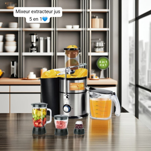 mixeur-extracteur-de-jus-multifonction-5-en-1-pack-52x30x42cm-800x800px Robot de cuisine complet comprenant un extracteur de jus en acier inoxydable noir, un grand blender en verre, deux bols hacheurs, et une carafe avec toutes les mesures de dimensions affichées en centimètres