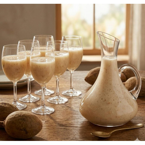 service-table-carafe-cruche-verres-pied-cristal-1-5l Service de table en cristal comprenant une carafe de 1,5 litre avec poignée et six verres à pied remplis de jus de bouye sur une table en bois.