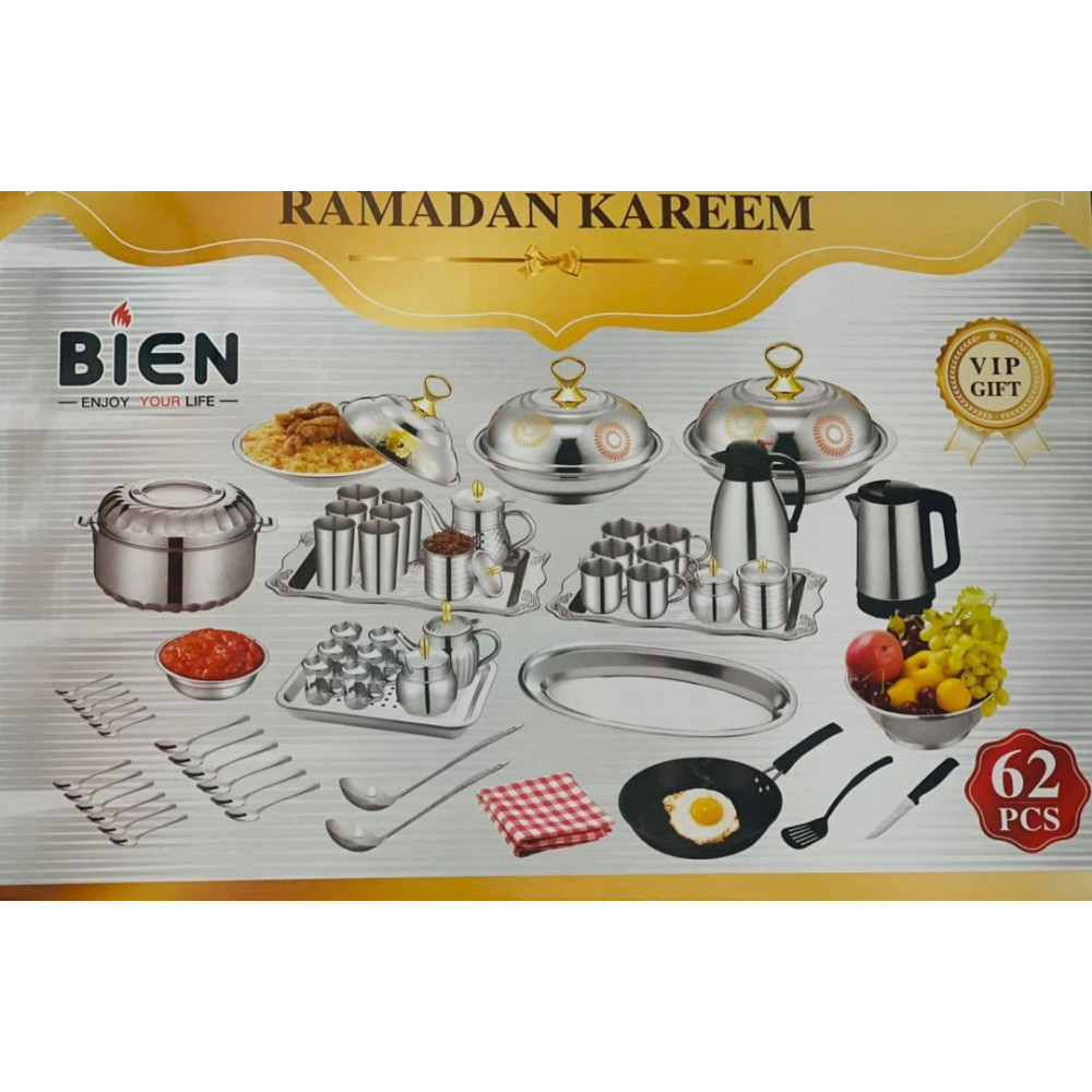 Service de Table et Cuisine Inox BIEN 62 Pièces – Coffret Cadeau VIP Ramadan Kareem