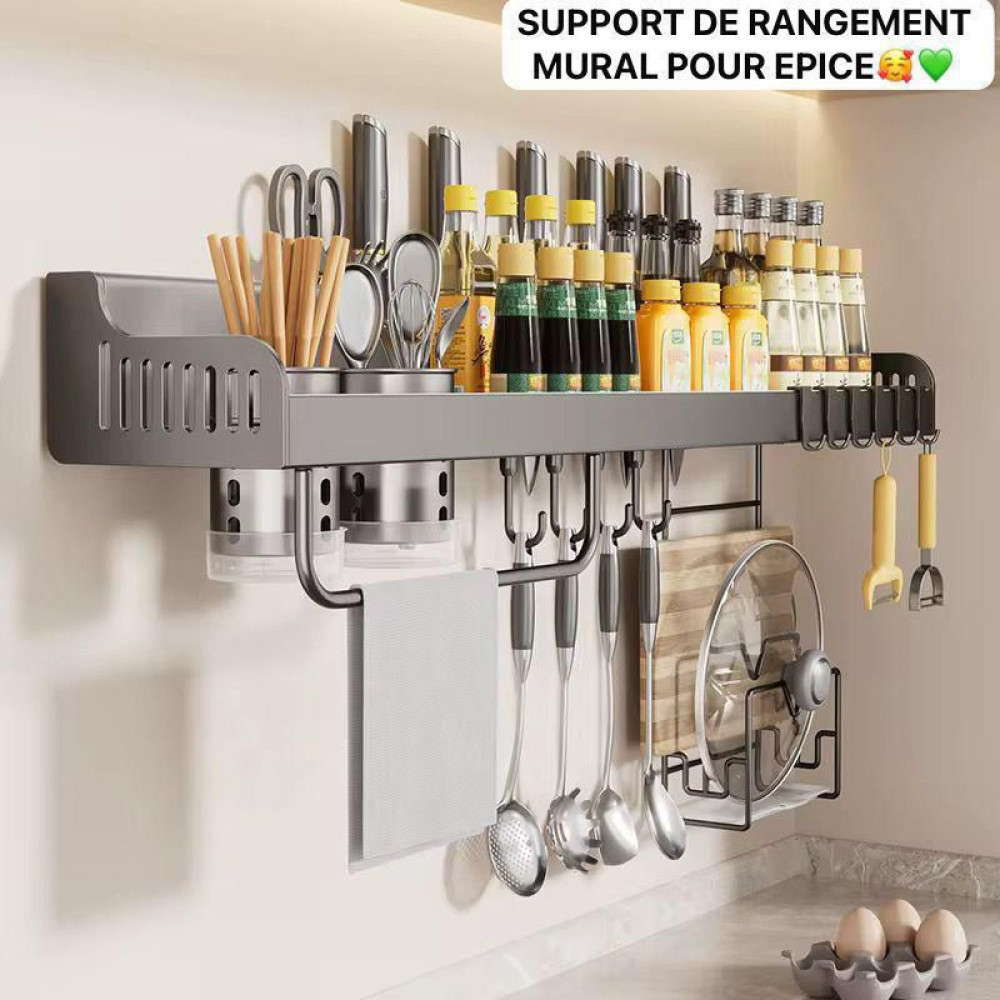 Support de Rangement Mural pour Epices et Ustensiles de Cuisine Gris Anthracite 80x15x15 cm