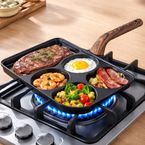  femme-cuisinant-oeufs-bacon-steak-poele-compartimentee-mbectemi