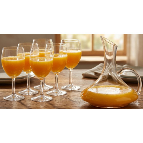 service-table-carafe-cruche-verres-pied-cristal-1-5l Service de table en cristal comprenant une carafe de 1,5 litre avec poignée et six verres à pied remplis de jus de bouye sur une table en bois.