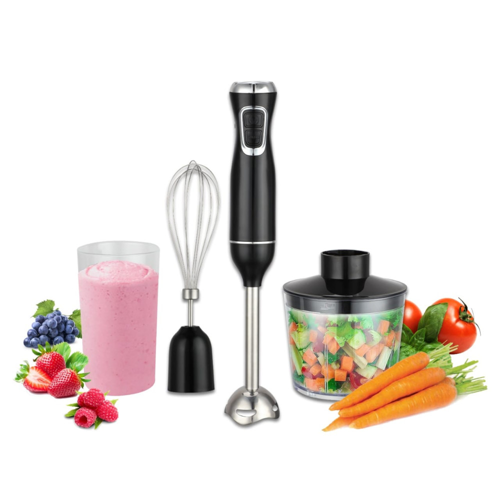 Mixeur plongeant multifonction noir et inox avec ses accessoires de cuisine