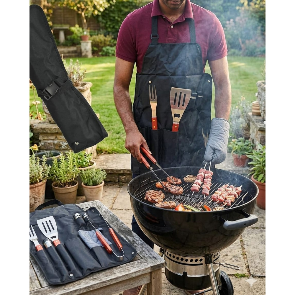Kit Ustensiles de Barbecue avec Tablier Sac de Rangement Noir 7 Pièces 60x45 cm