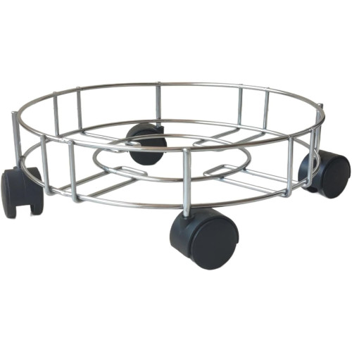 support-bouteille-gaz-inox-roulettes-mbectemi-market Support circulaire en acier inoxydable à quatre roulettes portant une bouteille de gaz verte