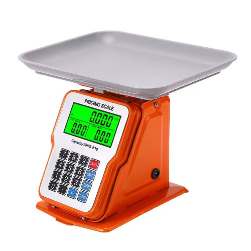 balance-electronique-commerciale-acas-30kg-1g-34x33x12cm Deux balances de commerce électroniques ACAS bleue et orange avec un grand plateau en acier inoxydable et un écran LCD numérique