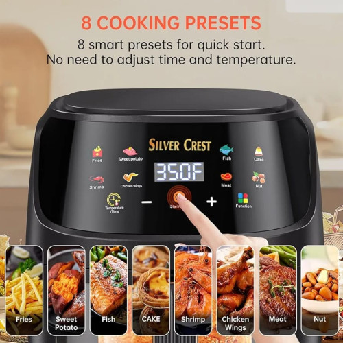Friteuse sans huile noire Silver Crest avec un écran tactile numérique affichant le menu et un bac de cuisson amovible à côté indiquant ses dimensions