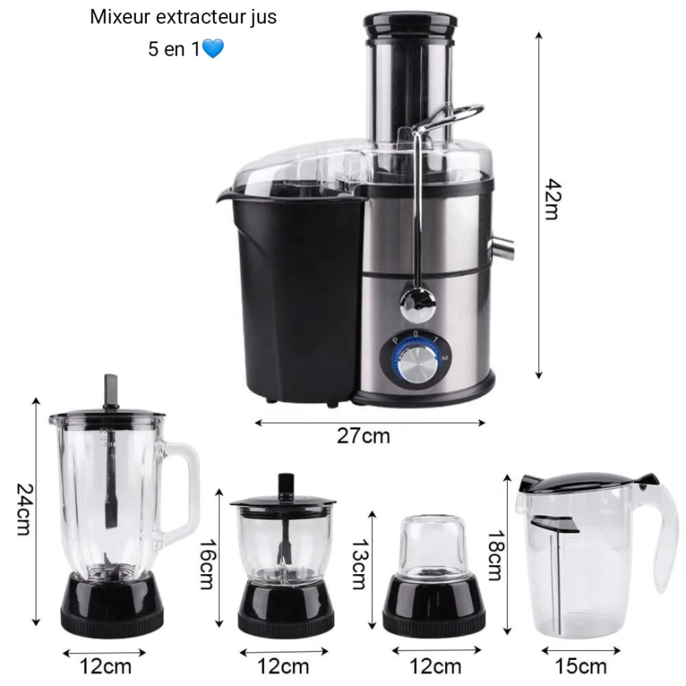  Robot de cuisine complet comprenant un extracteur de jus en acier inoxydable noir, un grand blender en verre, deux bols hacheurs, et une carafe avec toutes les mesures de dimensions affichées en centimètres