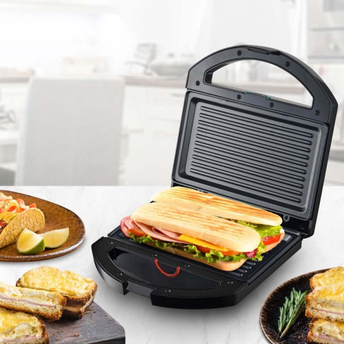 gril a panini électrique noir puissance 1400w avec plaques de cuisson double face