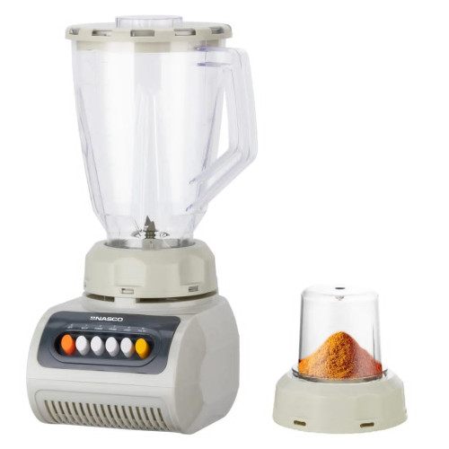 blender professionnel multifonction gris avec bol transparent rempli de fruits